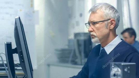 Technician testing office equipment while staff work nearby